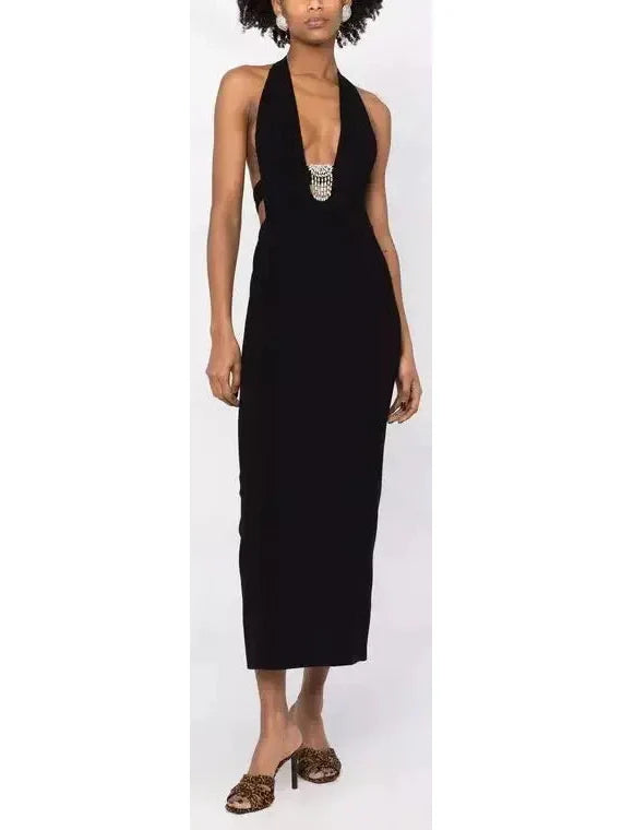 Black Crystal-Embellished Halterneck Dress - Dresses