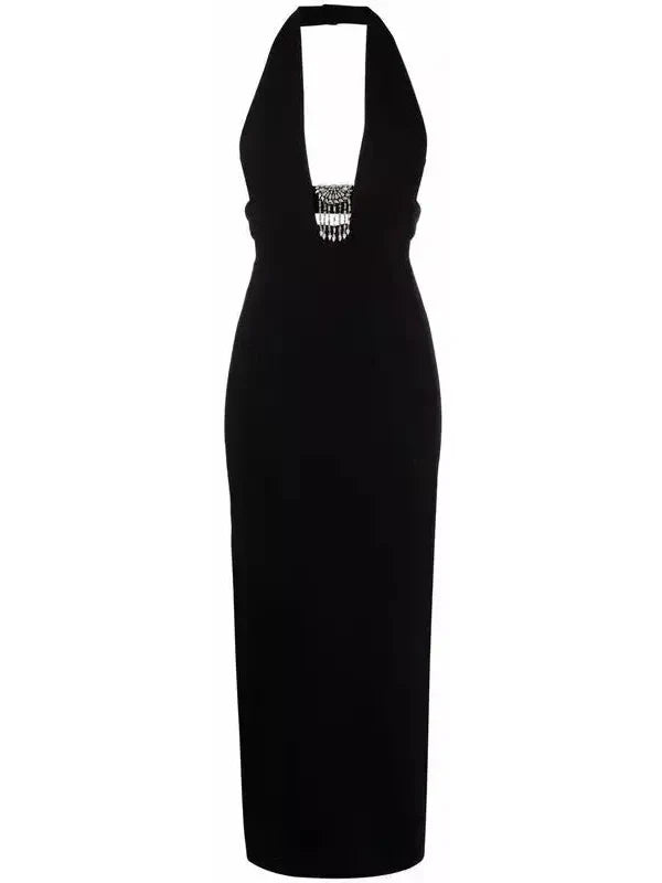 Black Crystal-Embellished Halterneck Dress - s - Dresses