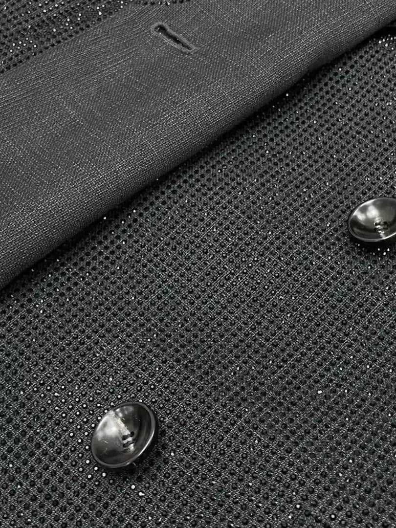 Black Crystal Embellished Long Blazer - Jackets