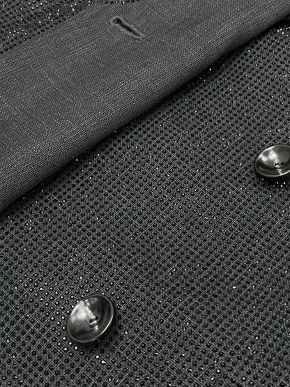 Black Crystal Embellished Long Blazer - Jackets