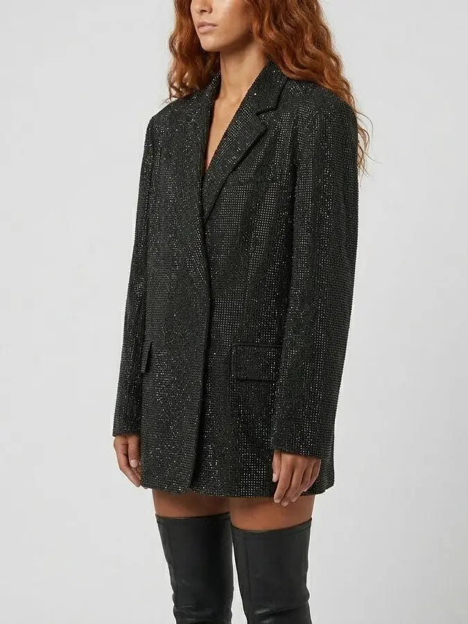 Black Crystal Embellished Long Blazer - Jackets