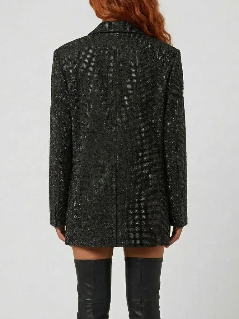 Black Crystal Embellished Long Blazer - Jackets