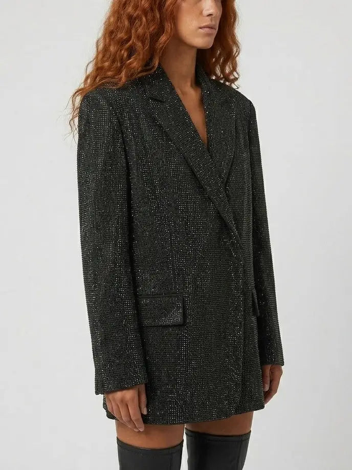 Black Crystal Embellished Long Blazer - Jackets