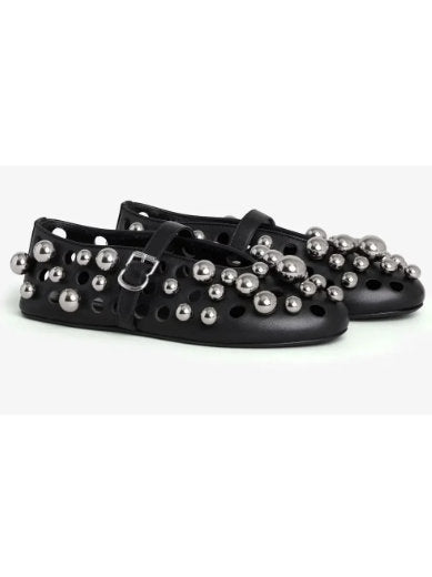 Black Cut-Out Leather Ballets Flats with Metal Spheres - Footwear