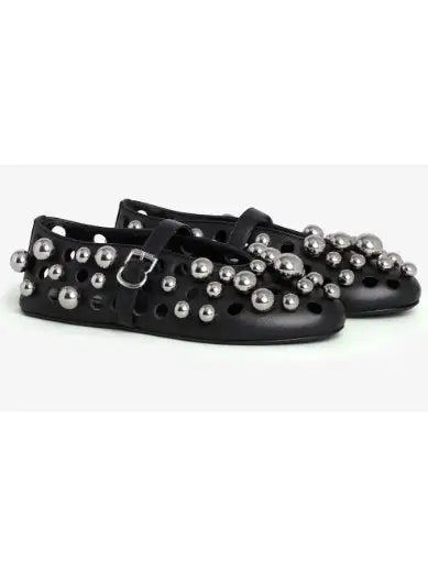 Black Cut-Out Leather Ballets Flats with Metal Spheres - Footwear