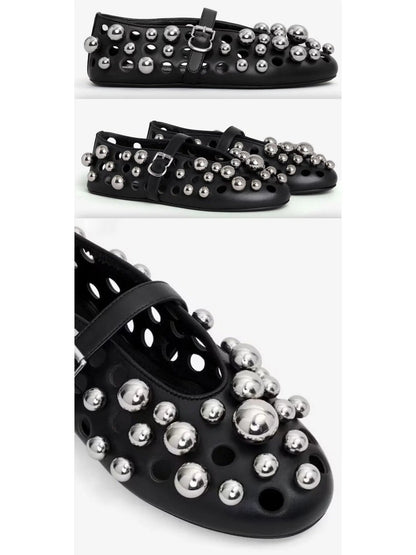 Black Cut-Out Leather Ballets Flats with Metal Spheres - Footwear