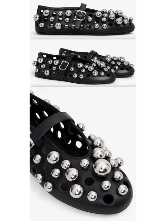 Black Cut-Out Leather Ballets Flats with Metal Spheres - Footwear