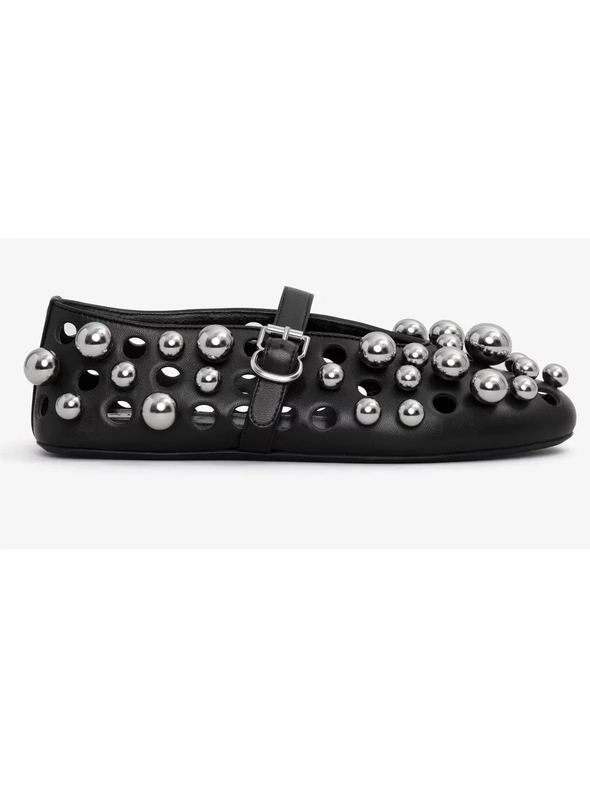 Black Cut-Out Leather Ballets Flats with Metal Spheres - Footwear