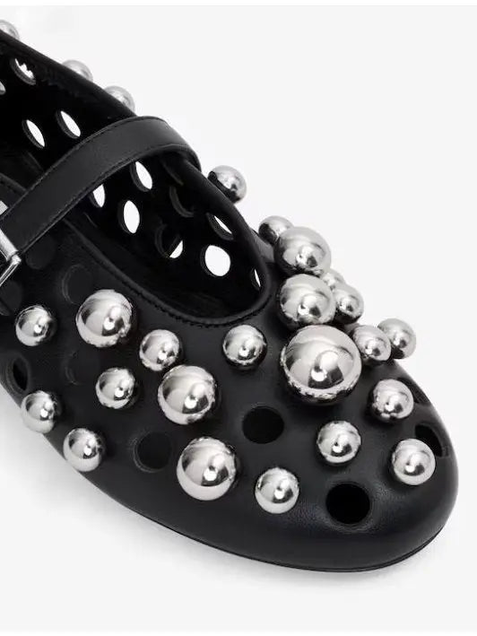 Black Cut-Out Leather Ballets Flats with Metal Spheres - Footwear