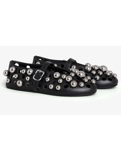 Black Cut-Out Leather Ballets Flats with Metal Spheres - Footwear