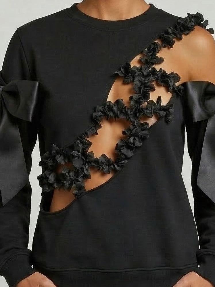 Black Cutout Sweatshirt with Bow and Floral Detail