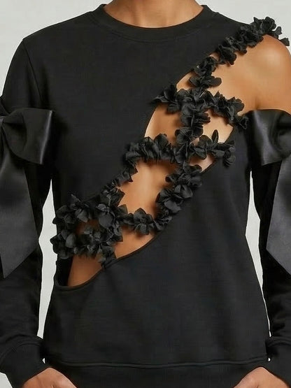 Black Cutout Sweatshirt with Bow and Floral Detail