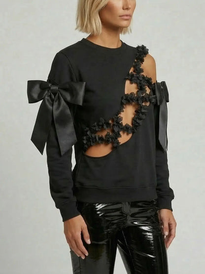 Black Cutout Sweatshirt with Bow and Floral Detail - Tops