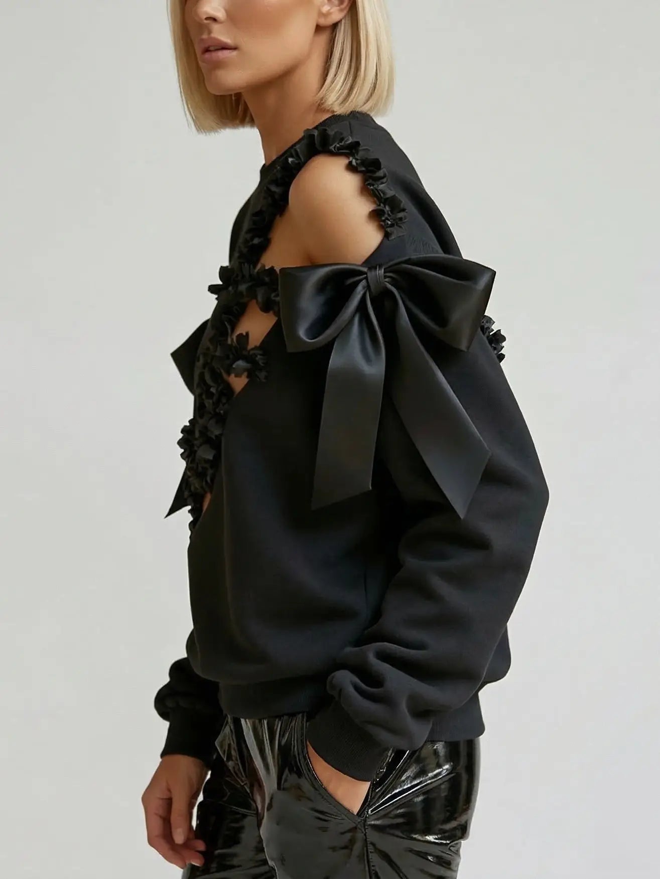 Black Cutout Sweatshirt with Bow and Floral Detail - Tops