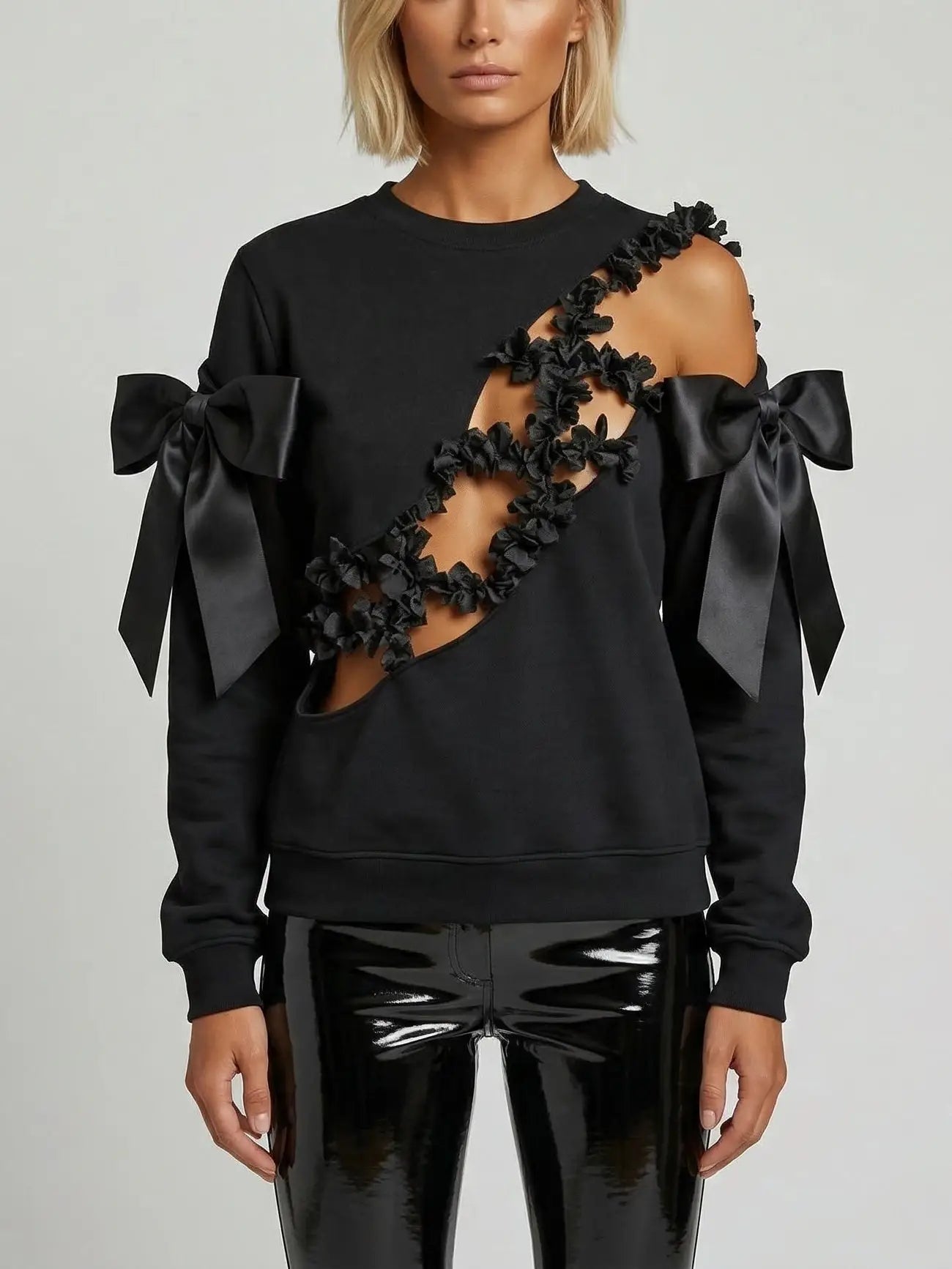 Black Cutout Sweatshirt with Bow and Floral Detail - Tops