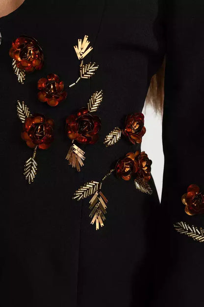 Black Deep V Embellished Floral Blazer Top - Jackets