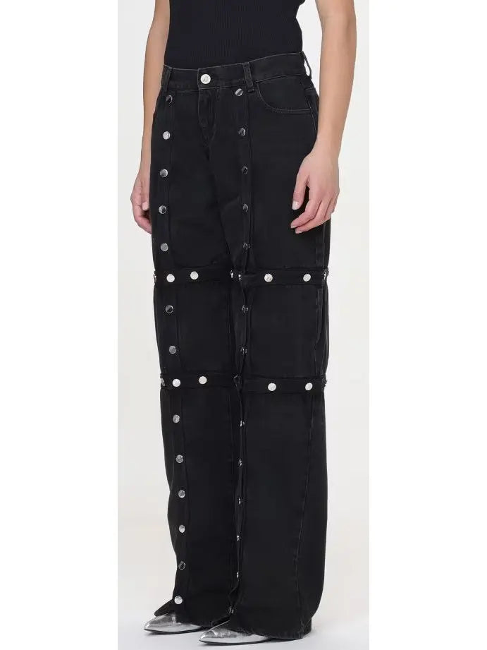 Black Denim Snap-Embellished High-Waist Jeans - Jeans & Pants