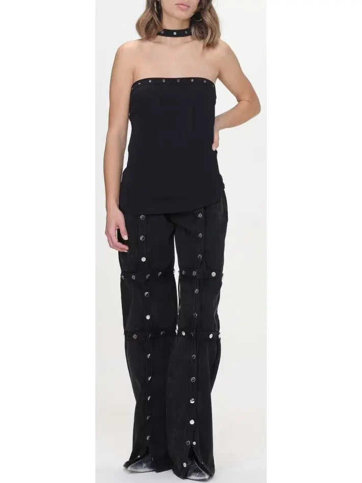 Black Denim Snap-Embellished High-Waist Jeans - Jeans & Pants