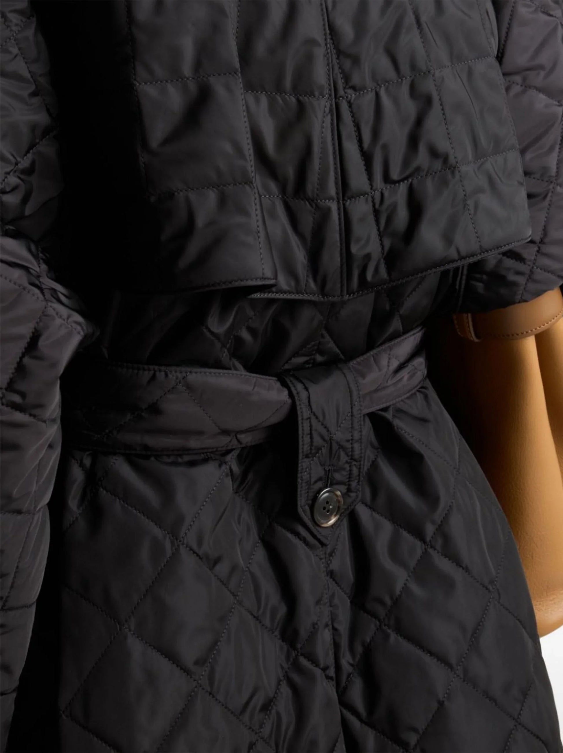 Black Diamond Quilting Belted Trench Coat - Coats