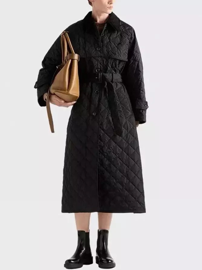 Black Diamond Quilting Belted Trench Coat - Coats