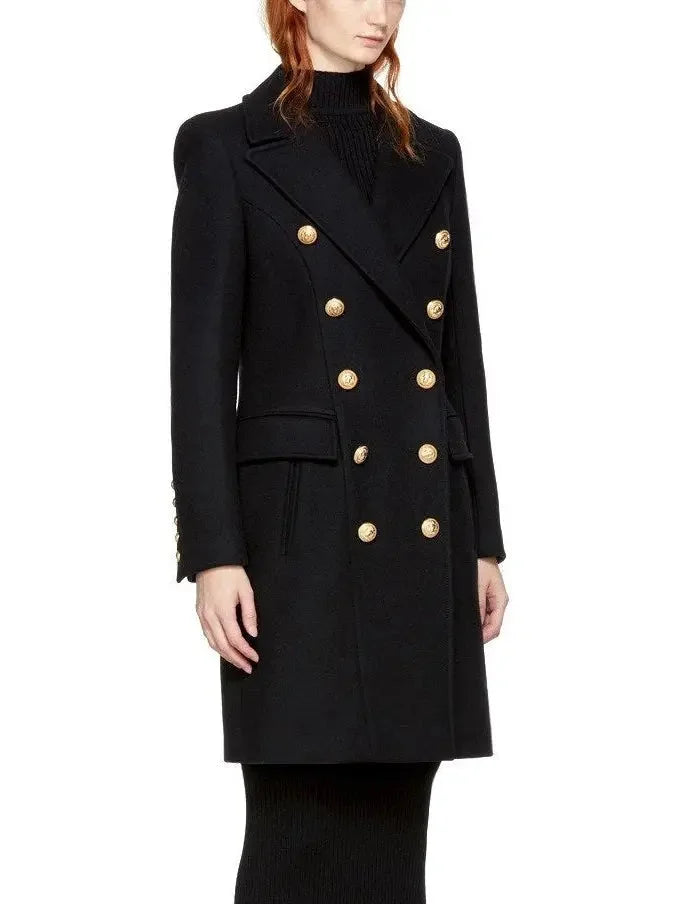 Black Double-Breasted Gold Metal Button Coat - Coats
