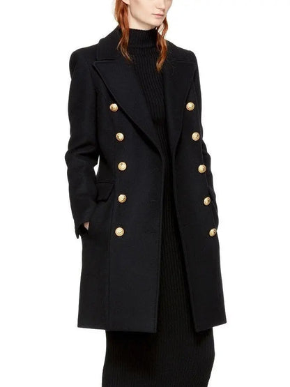 Black Double-Breasted Gold Metal Button Coat - Coats