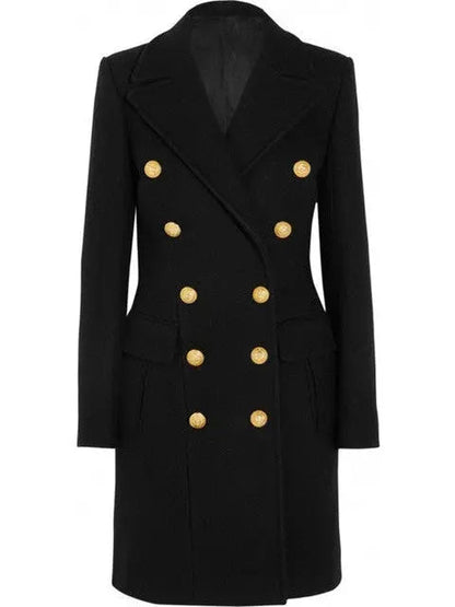 Black Double-Breasted Gold Metal Button Coat - Coats