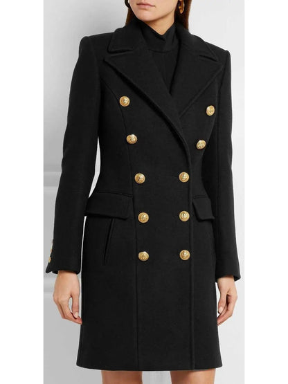 Black Double-Breasted Gold Metal Button Coat - Coats