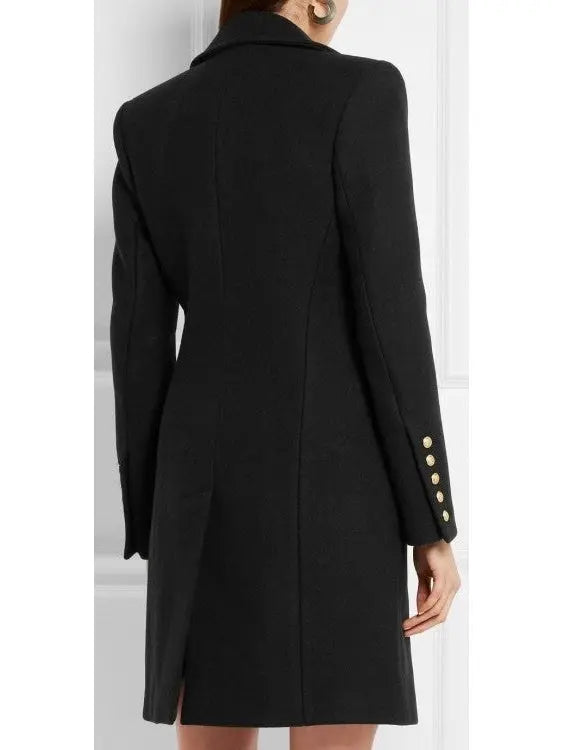 Black Double-Breasted Gold Metal Button Coat - Coats