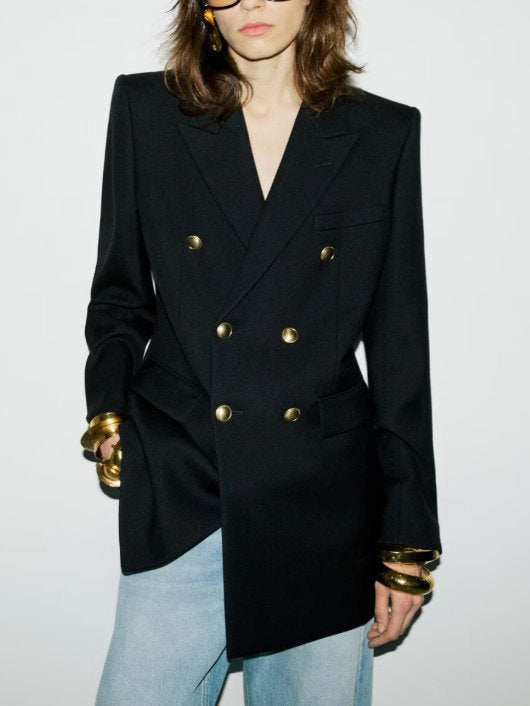 Black Double-Breasted Jacket in Wool Gabardine - Jackets