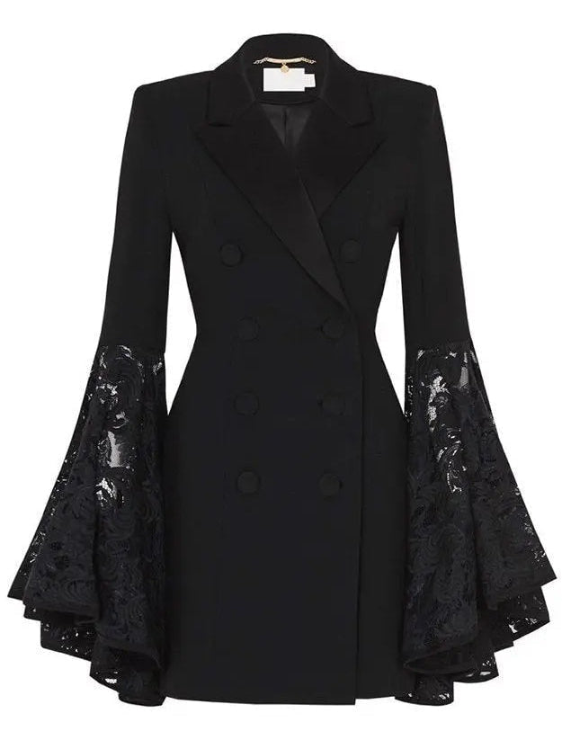 Black Double-Breasted Lace-Sleeve Blazer Dress - Dresses