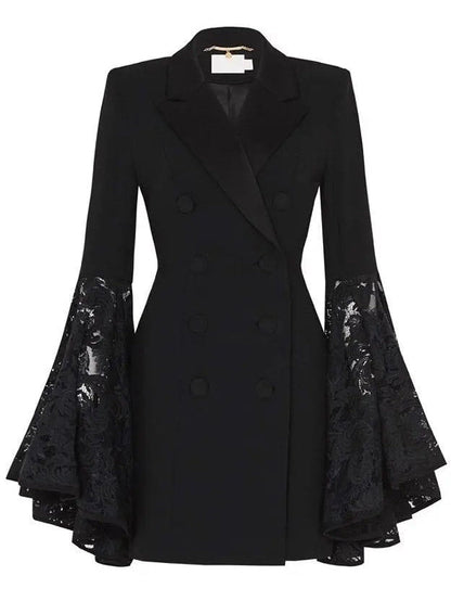 Black Double-Breasted Lace-Sleeve Blazer Dress - Dresses