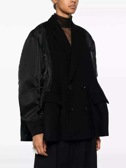 Black Double-Breasted Melton Twill Quilted Jacket - Jackets