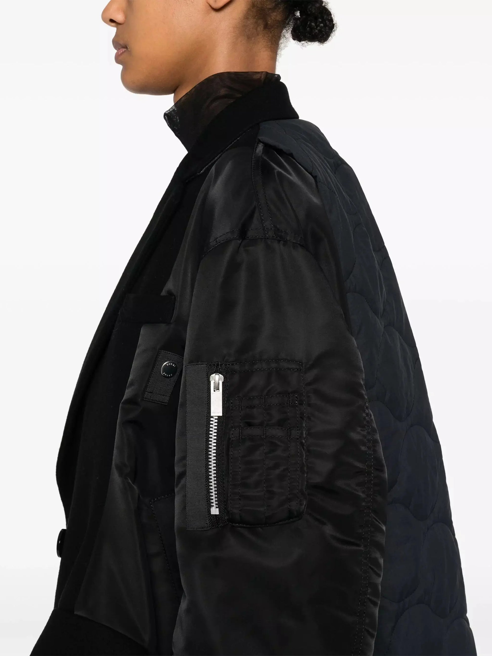 Black Double-Breasted Melton Twill Quilted Jacket - Jackets