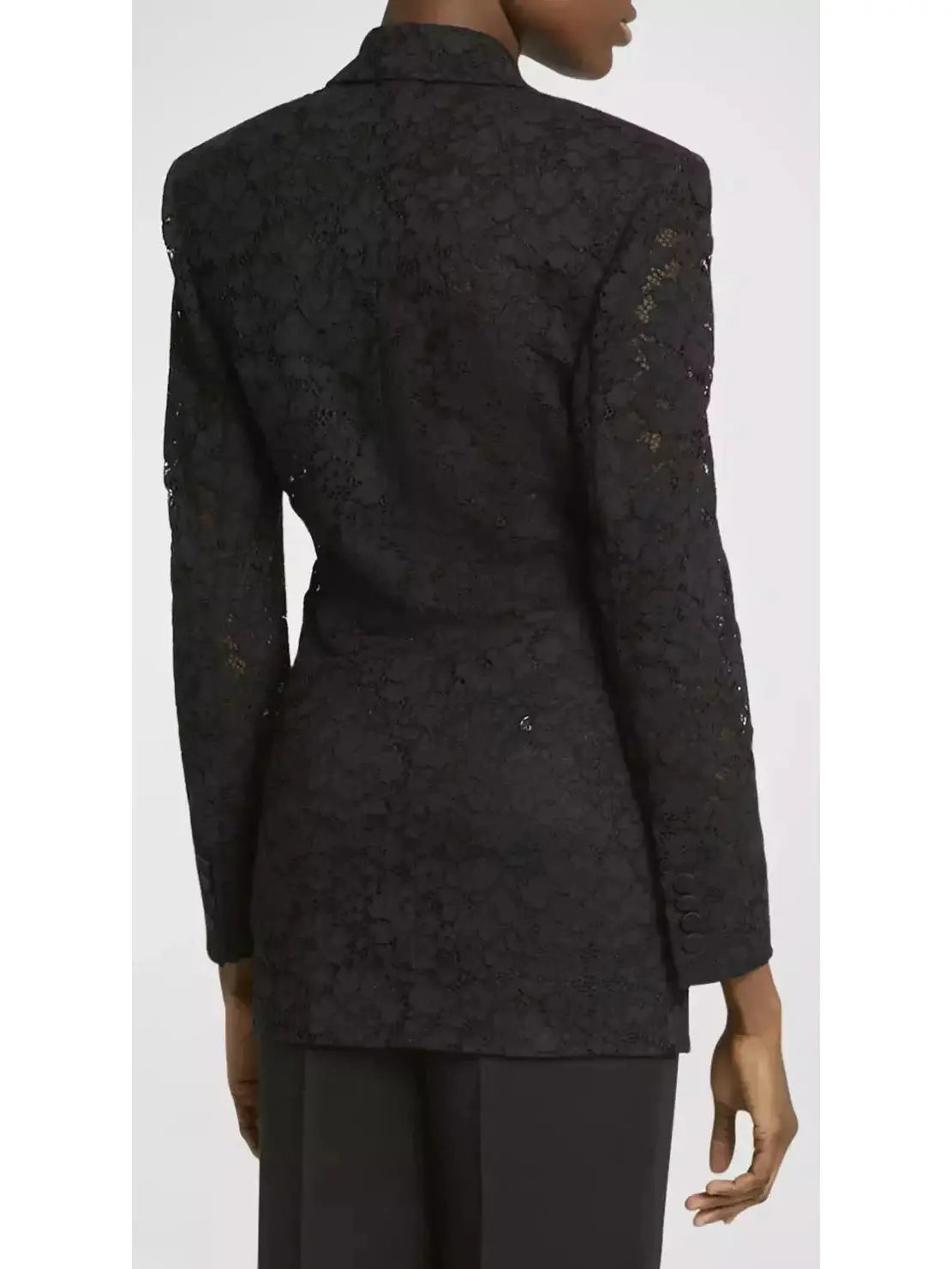 Black Double-Breasted Satin Trimmed Lace Blazer - Jackets