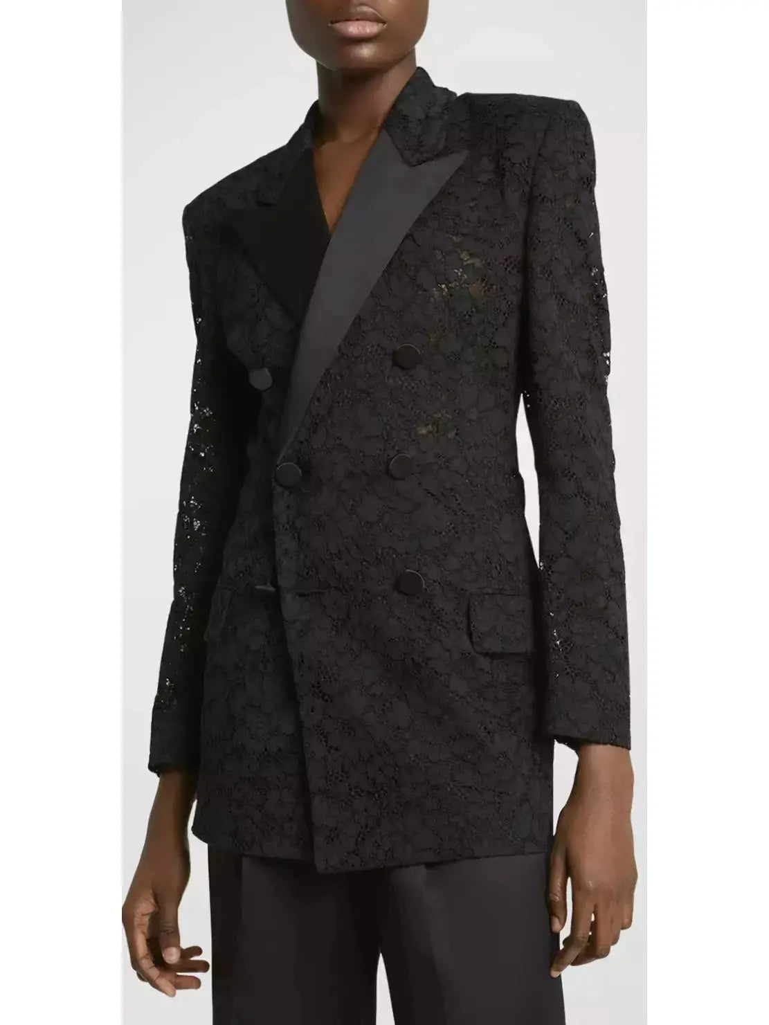 Black Double-Breasted Satin Trimmed Lace Blazer - Jackets