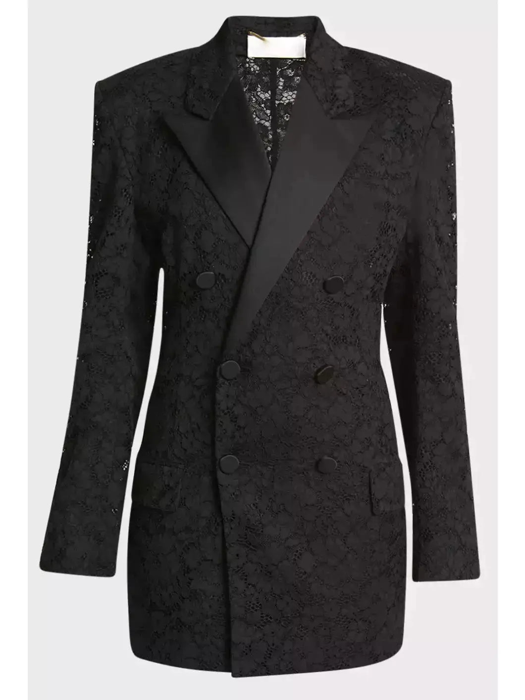 Black Double-Breasted Satin Trimmed Lace Blazer - Jackets