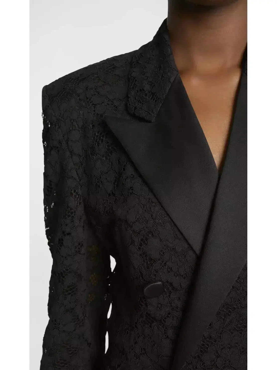 Black Double-Breasted Satin Trimmed Lace Blazer - Jackets