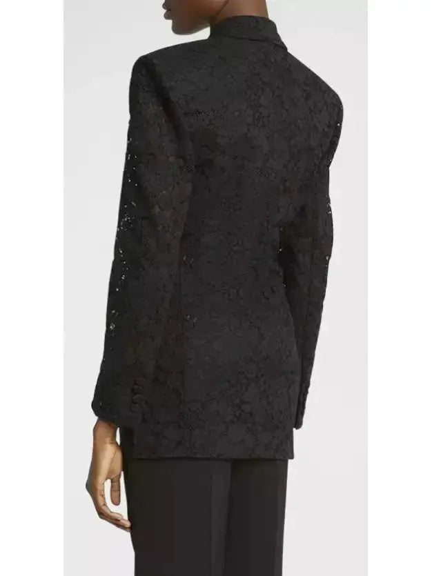 Black Double-Breasted Satin Trimmed Lace Blazer - Jackets