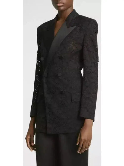 Black Double-Breasted Satin Trimmed Lace Blazer - Jackets