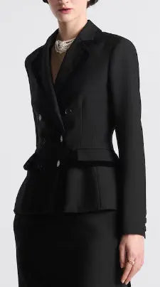 Black Double-Breasted Velvet-Trim Blazer - Jackets