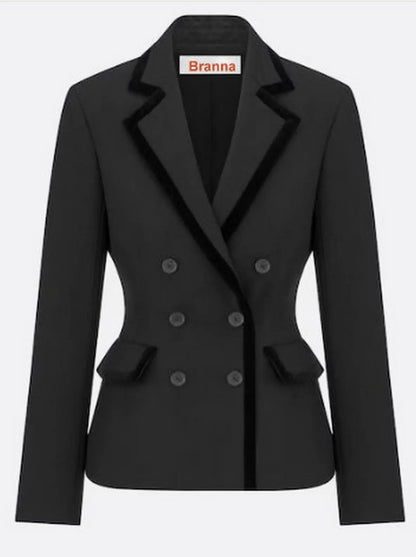 Black Double-Breasted Velvet-Trim Blazer - Jackets