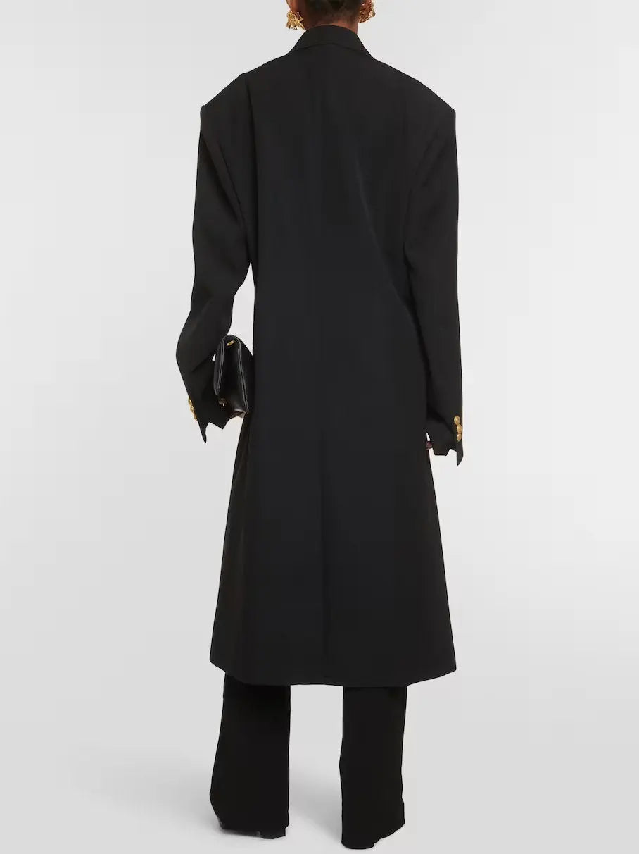 Black Double-Breasted Wool-Blend Coat with Gold Buttons - Coats