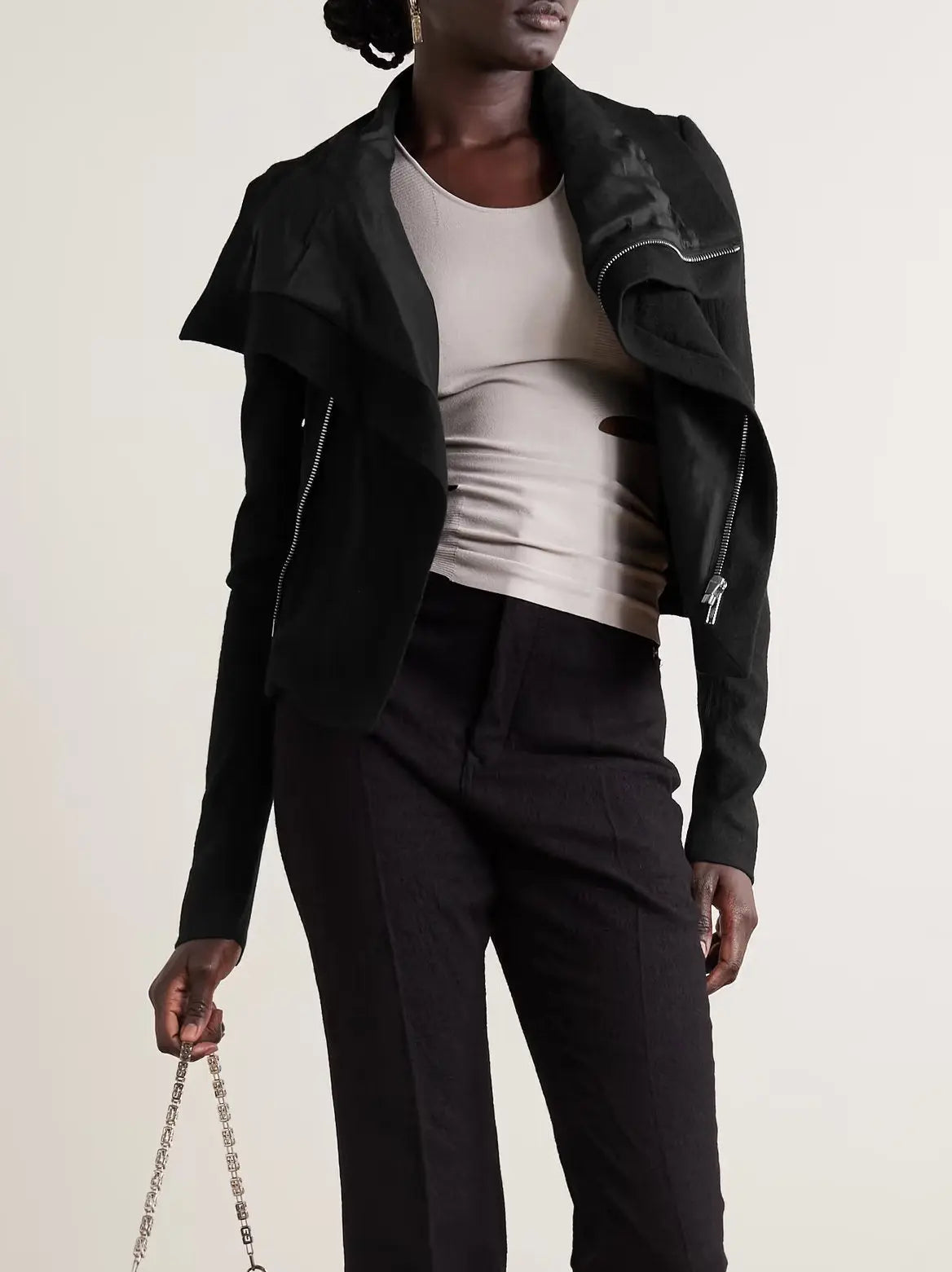 Black Draped-Collar Biker Jacket - Jackets