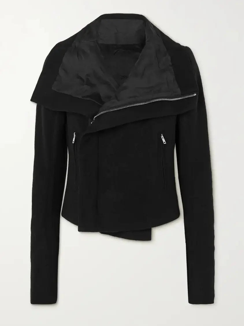 Black Draped-Collar Biker Jacket - Jackets