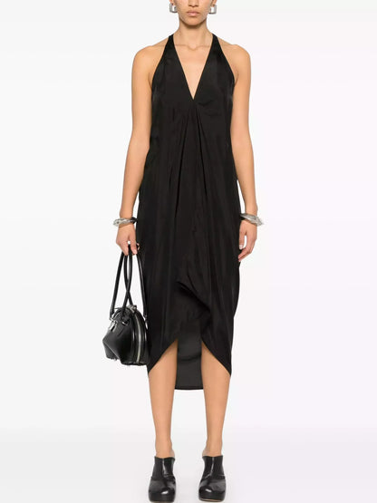 Black Draped V-Neck Sleeveless Midi Dress - Dresses