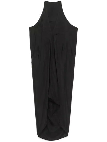 Black Draped V-Neck Sleeveless Midi Dress - Dresses