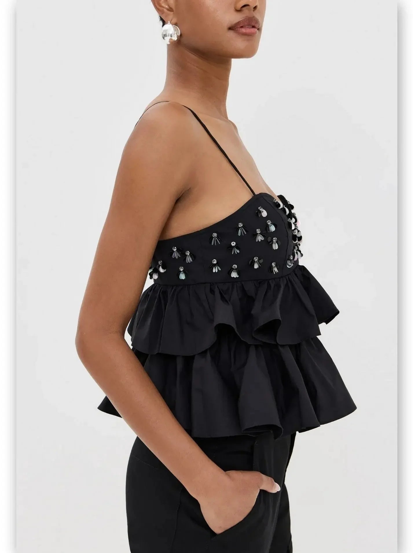 Black Embellished Tiered Peplum Camisole Top - Tops