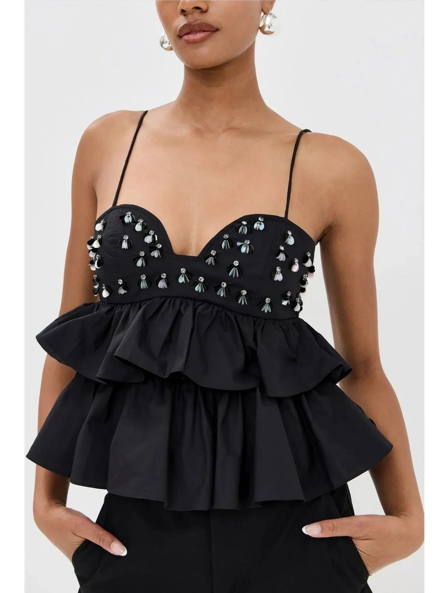 Black Embellished Tiered Peplum Camisole Top - Tops