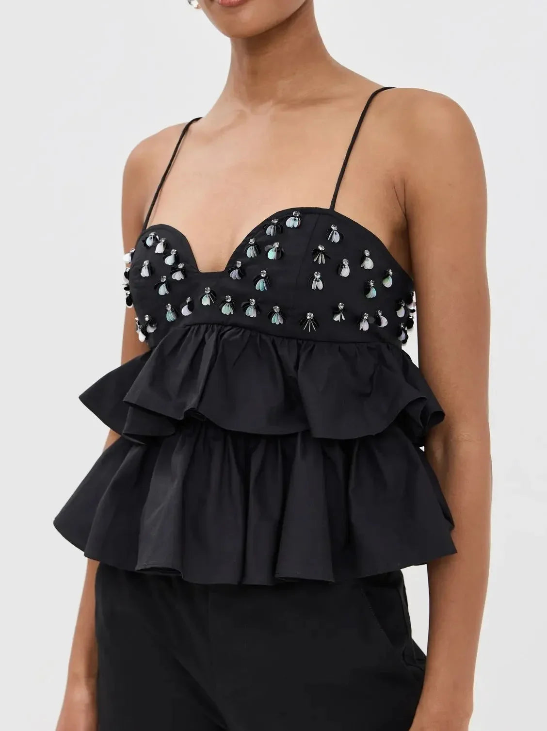 Black Embellished Tiered Peplum Camisole Top - Tops